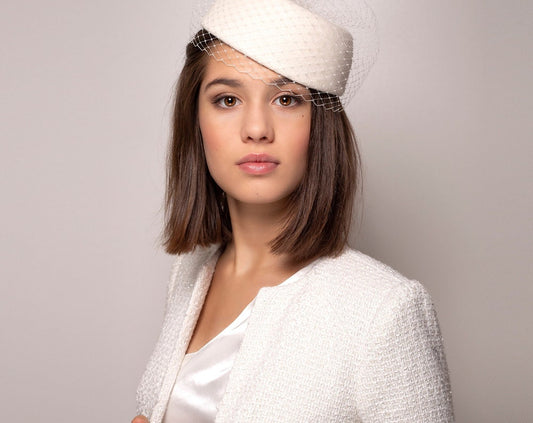 Bridal Pillbox Hat with Full Veil