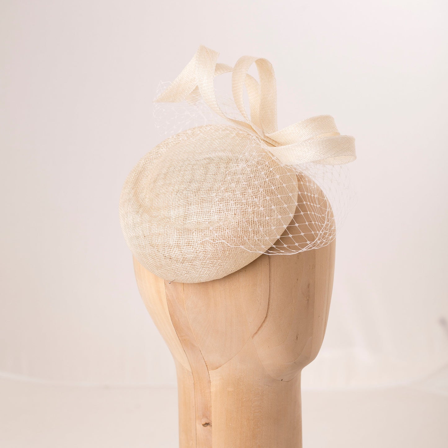 Bridal Veiled Pillbox with Swirls, Ivory Millinery Hat with abstract trimming, Elegant Cocktail Hat, Mother of bride hat wedding pillbox