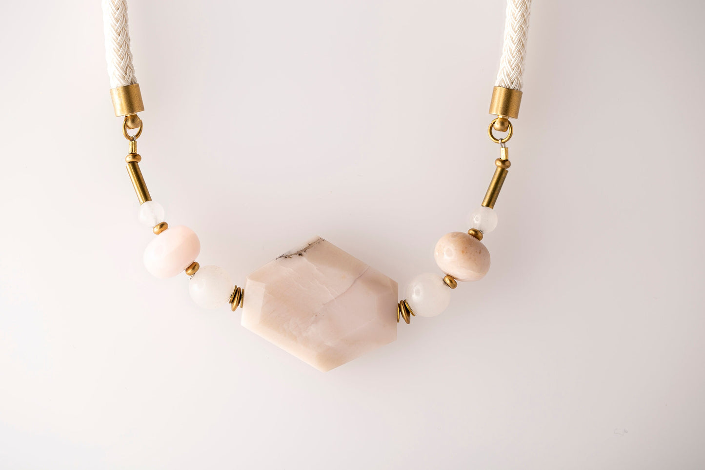 Peruvian pink opal polygon bead necklace on silk rope, semi-precious stones necklace on rope, handcut asymmetrical opal and quartz necklace