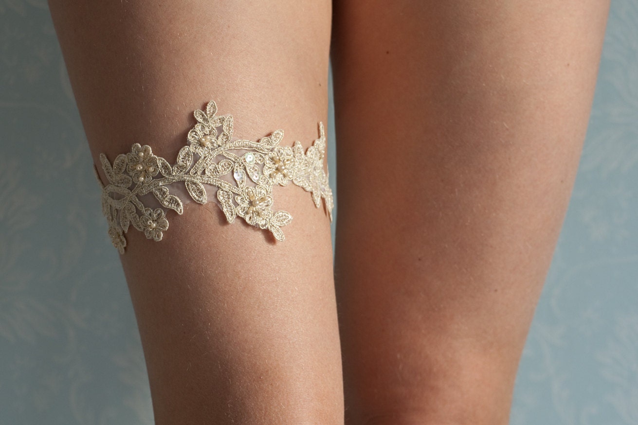 Bridal lace garter, wedding garter, gold lace beaded garter, floral garter