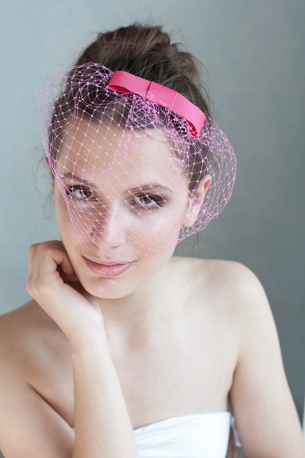 Pink bow birdcage veil, bridal bow wedding veil, pink bridal bow headpiece, pink birdcage veil, wedding veil, bridesmaid veil