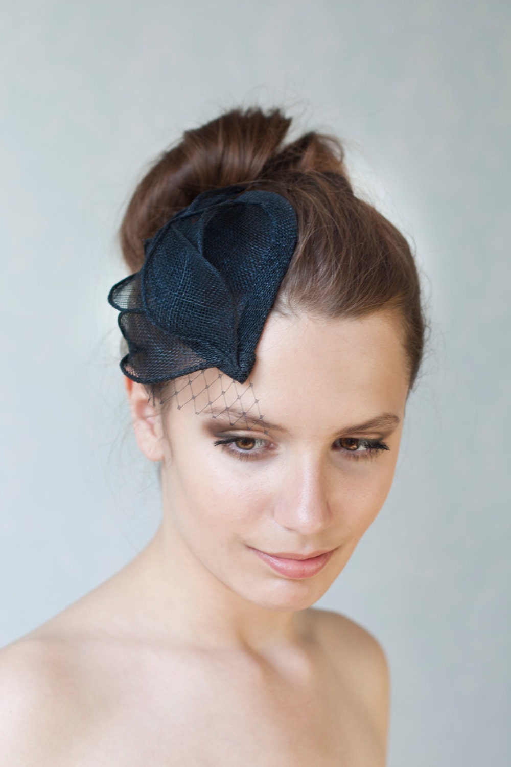 Millinery Sinamay Hat, Wedding Millinery Hat with black veil, Veiled Black Headpiece,Bridesmaid Fascinator