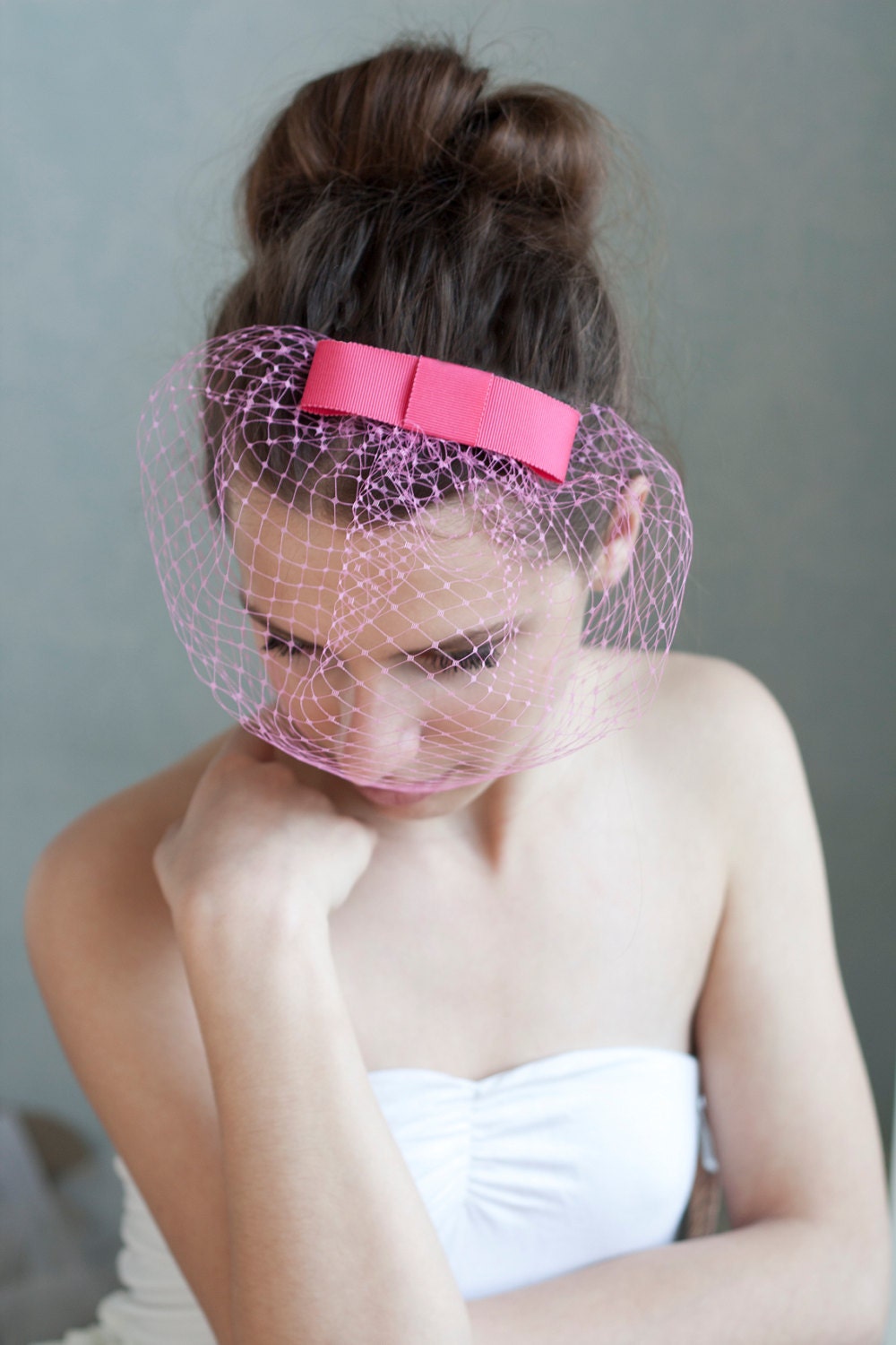 Pink bow birdcage veil, bridal bow wedding veil, pink bridal bow headpiece, pink birdcage veil, wedding veil, bridesmaid veil