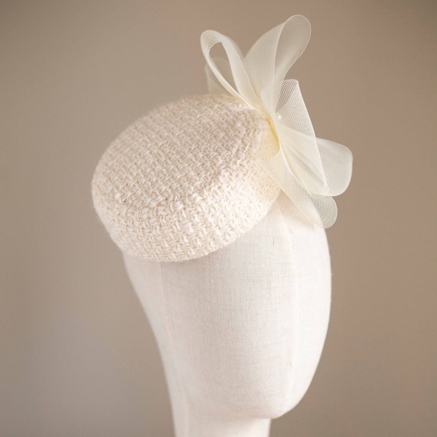 Bridal Wool Tweed Pillbox with Flower and Pearls, City Hall Winter Wedding Hat, Civil Ceremony Hat,  Bridal Millinery Wool Hat