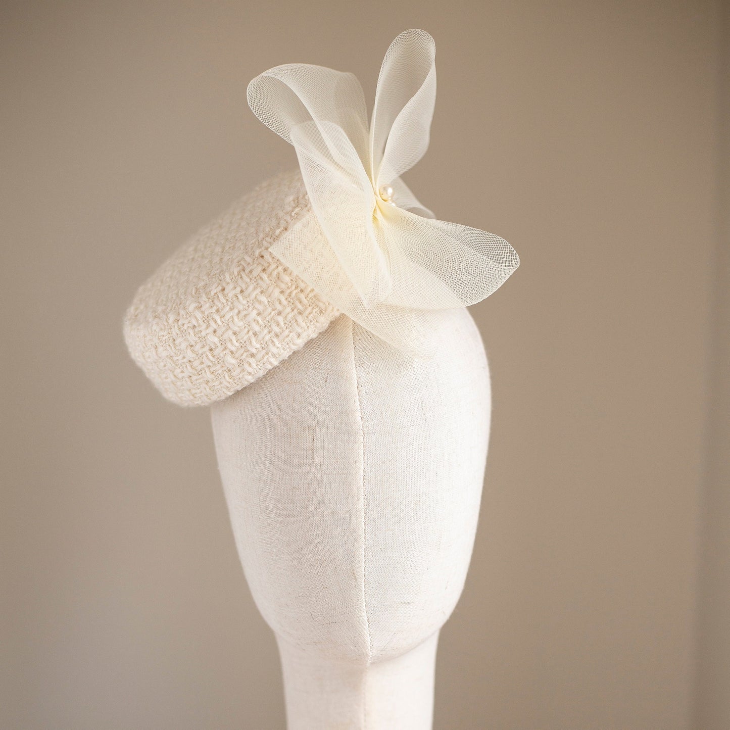 Bridal Wool Tweed Pillbox with Flower and Pearls, City Hall Winter Wedding Hat, Civil Ceremony Hat,  Bridal Millinery Wool Hat