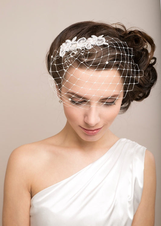 Petite birdcage veil with pearls and lace, wedding birdcage veil with embroidered lace, wedding birdcage floral lace veil