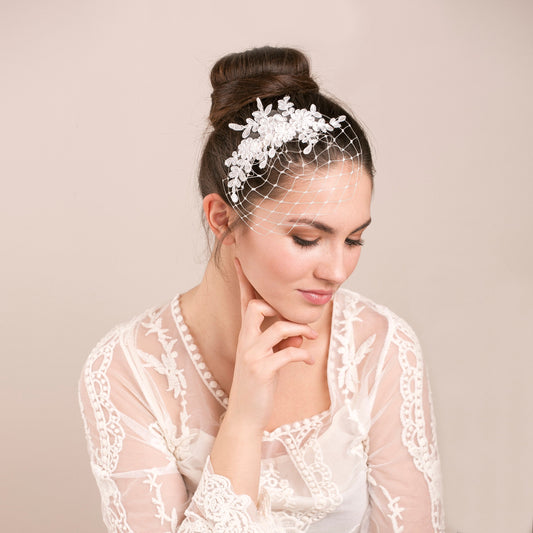 Floral lace birdcage veil in white or ivory, Petite birdcage veil with lace, Wedding birdcage veil with floral lace headpiece