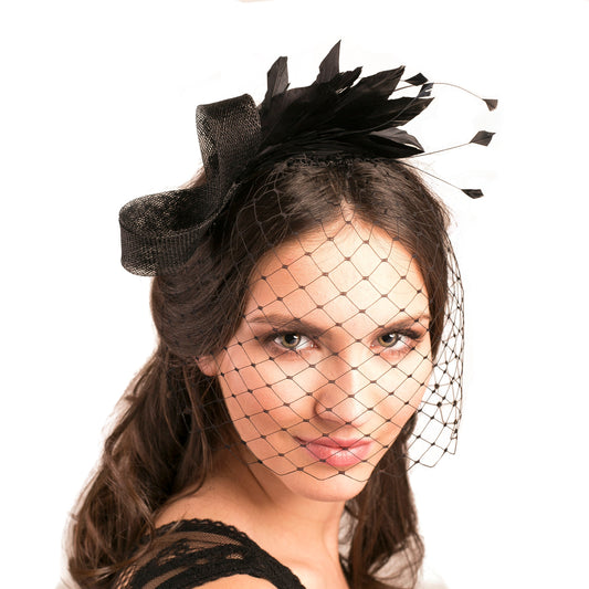 Moderner Feder-Fascinator mit Vogelkäfigschleier, schwarzer Schleier und Fascinator, Kopfschmuck für Hochzeitsgäste in verschiedenen Farben