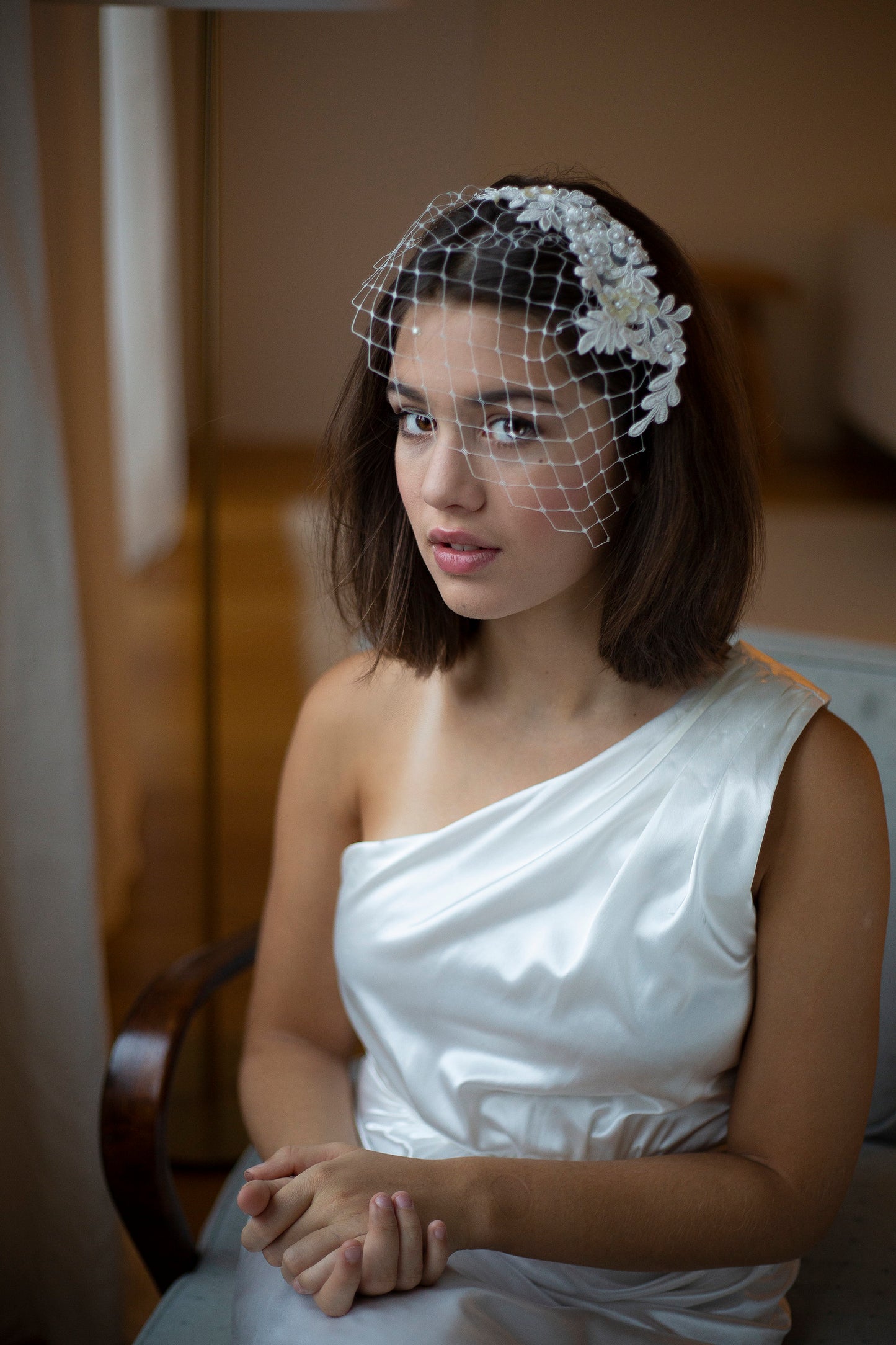 Floral lace birdcage in ivory, Wedding Lace and Pearls Veil, short birdcage veil for a bride