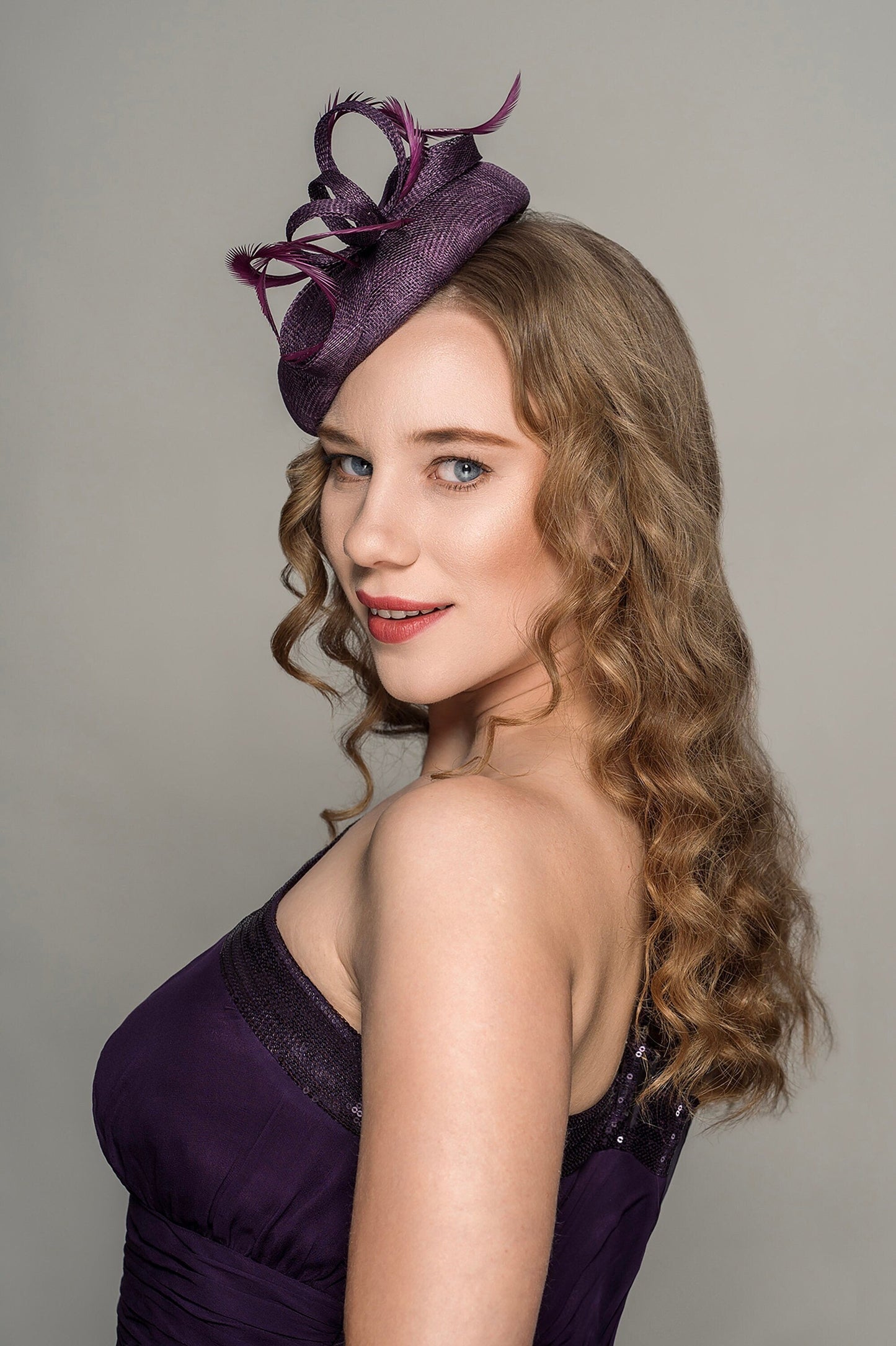 Eggplant Pillbox with Feathers Trimming, Aubergine Sinamay Pillbox with Swirl Bow and curled Feathers, Wedding guest hat, Fascinator