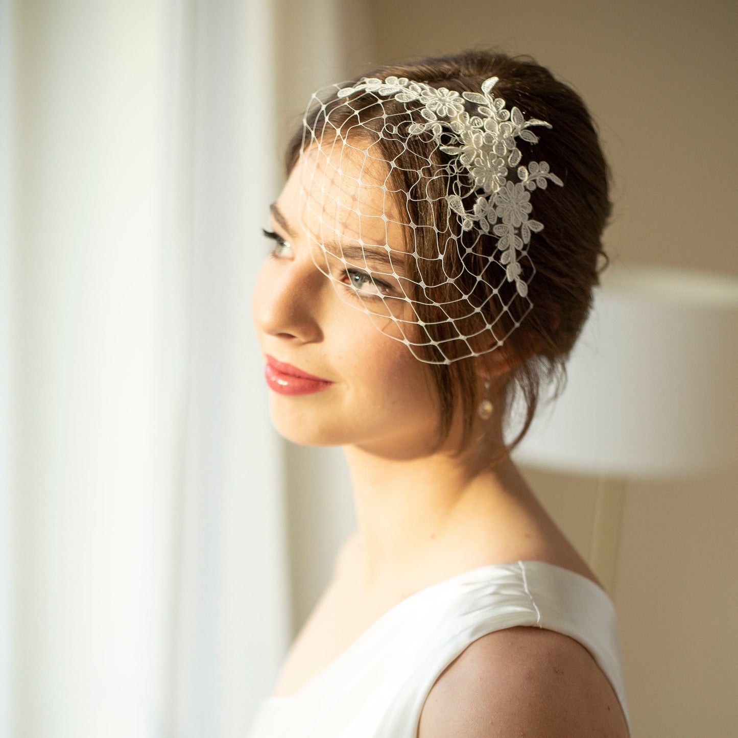 Pearls beaded lace headpiece on birdcage, wedding birdcage with ivory flowers lace Wedding birdcage veil with floral lace