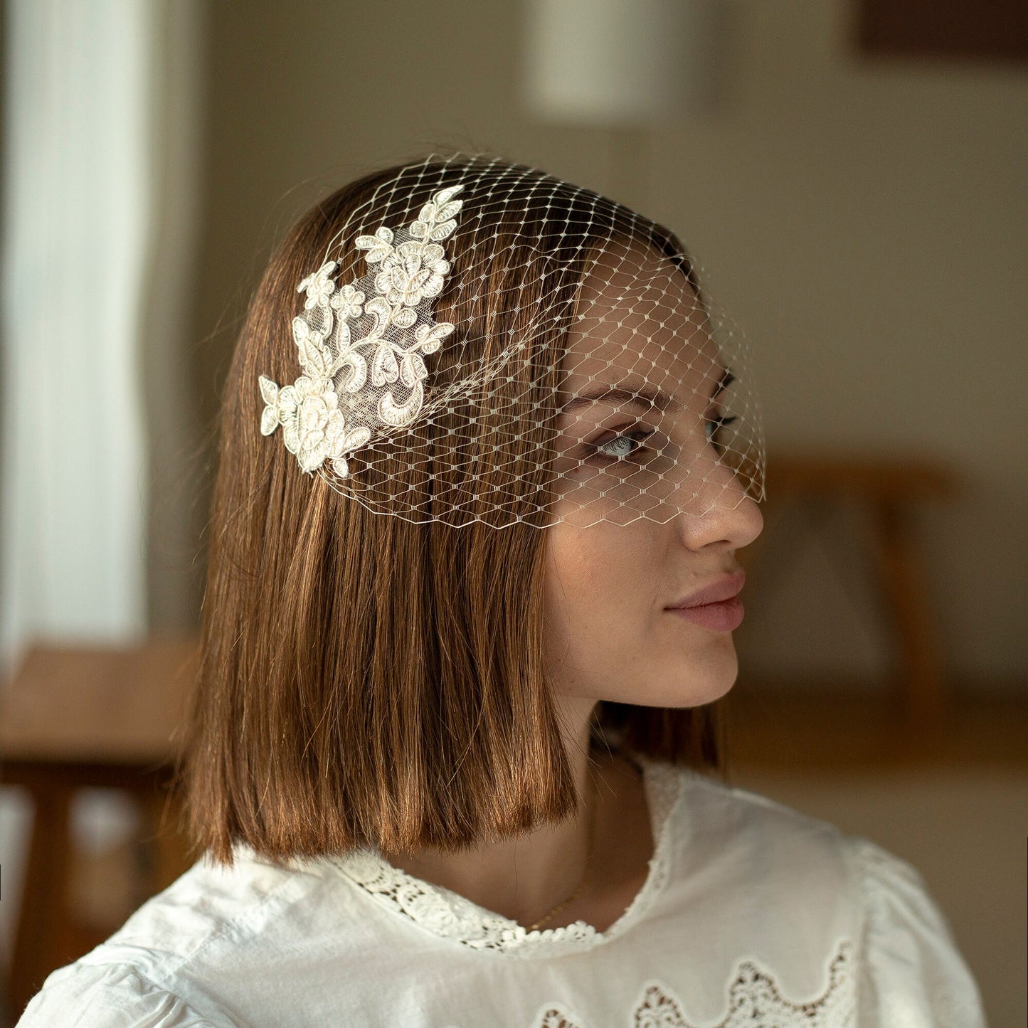 Lace Veil Short Birdcage Veil Floral Lace Veil for Bride Wedding Veil Civil Ceremony Veil Courthouse