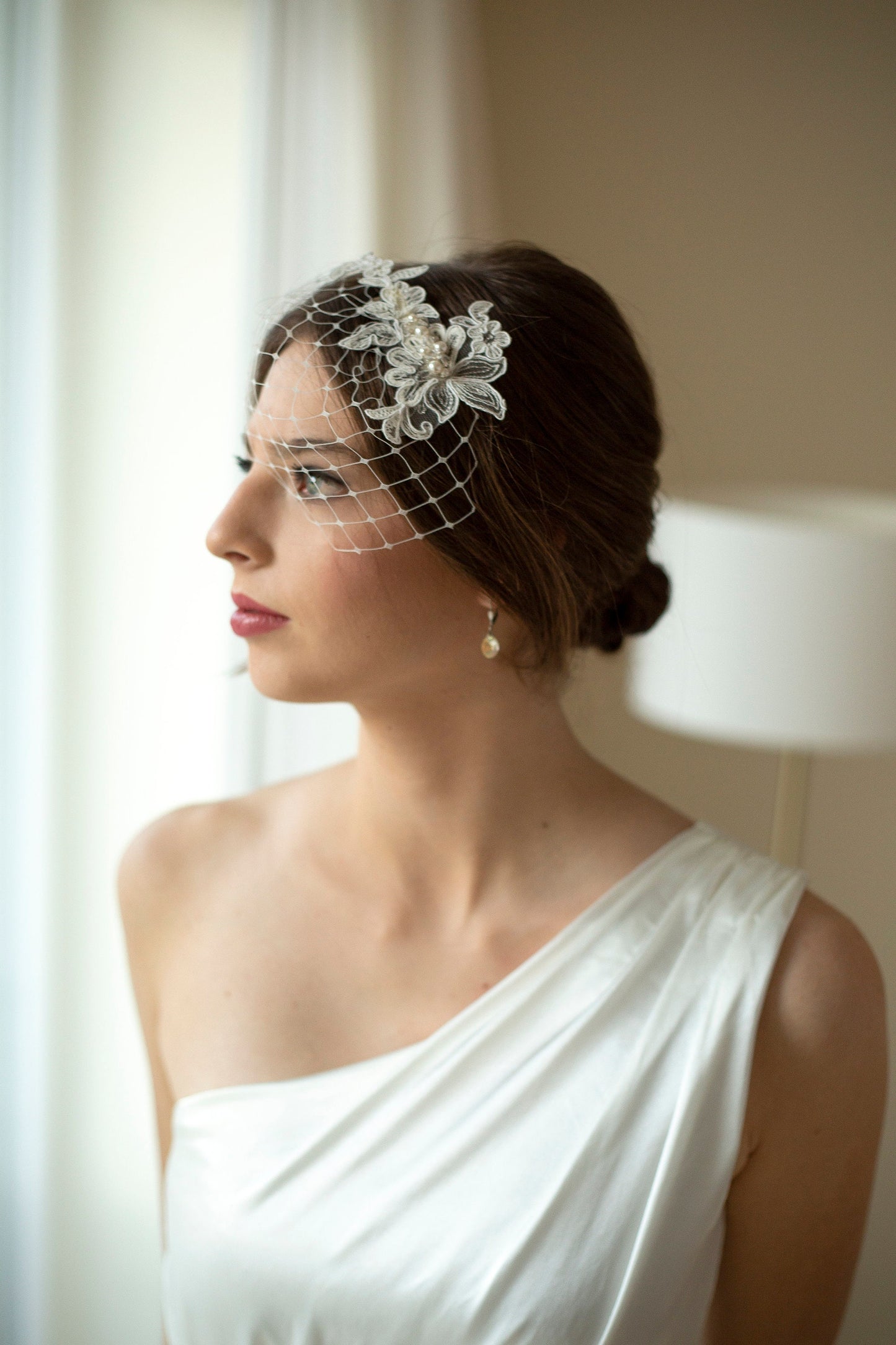 Petite netting veil with lace and Swarovski pearls and crystals, short wedding veil with ivory silver lace and pearls