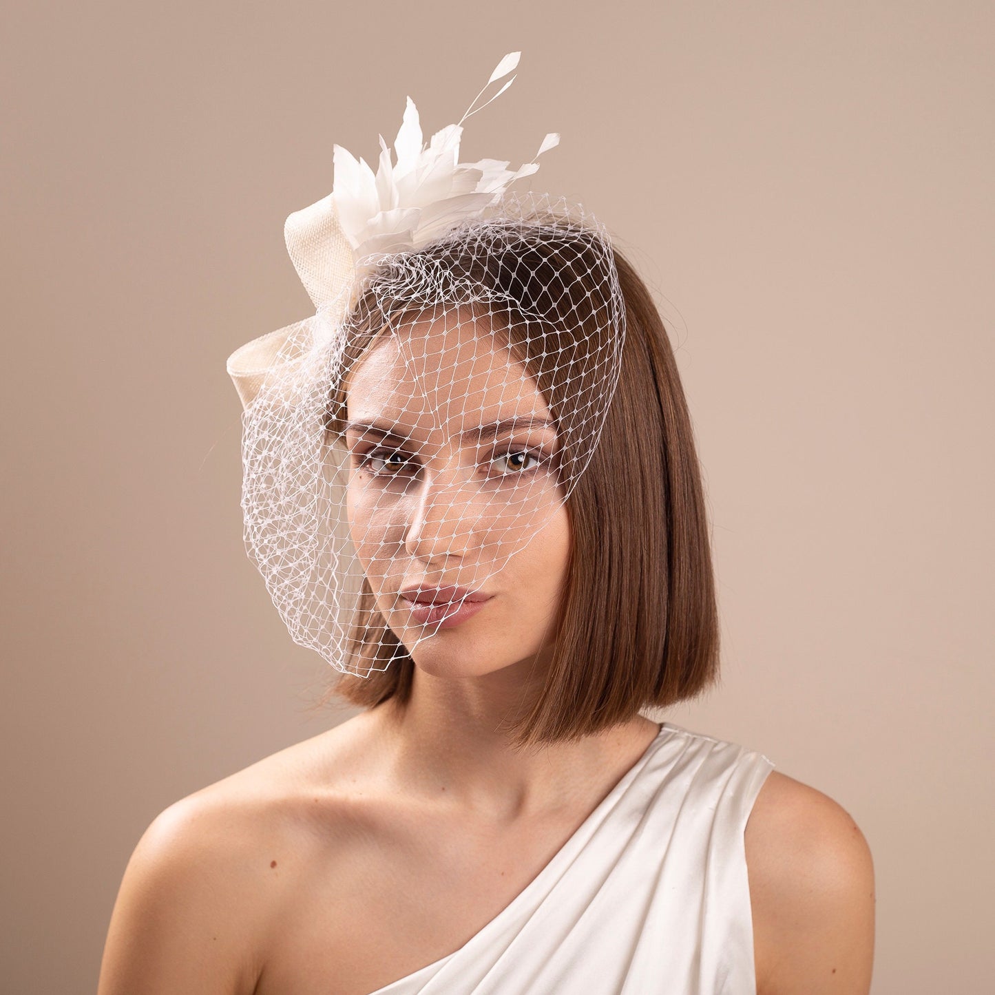 Modern bridal feather fascinator with birdcage, White wedding headpiece with birdcage veil, formal headpiece for bride