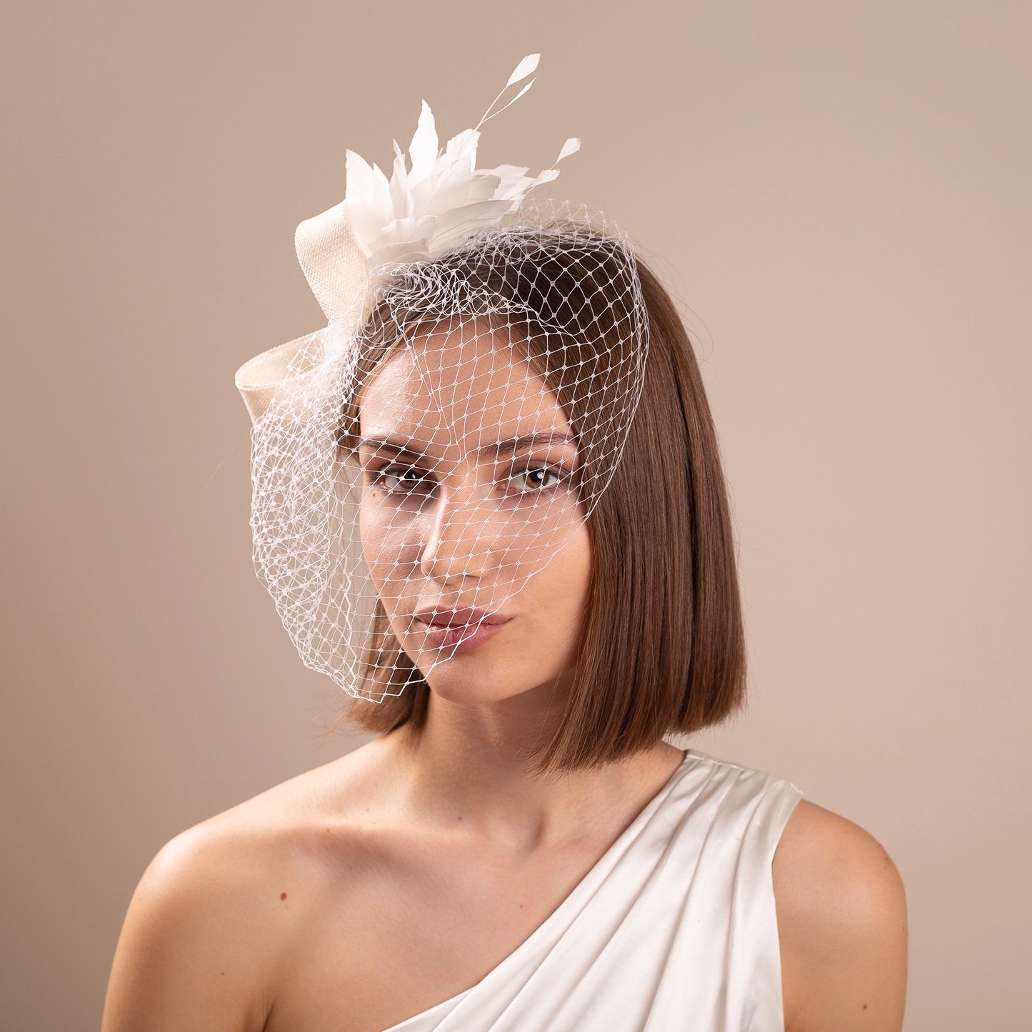 Modern bridal birdcage with feather fascinator, netting veil with wedding headpiece for a bride elegant bridal headpiece city hall wedding