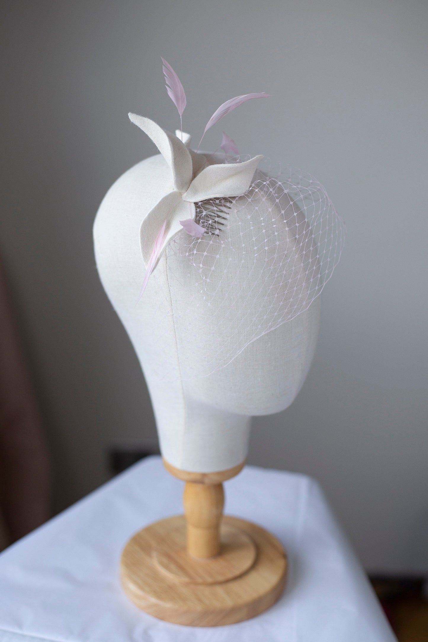 Bridal wavy leaves and blush pink veil headpiece in blush and cream ivory, wedding pink birdcage and ivory fascinator, elegant headpiece