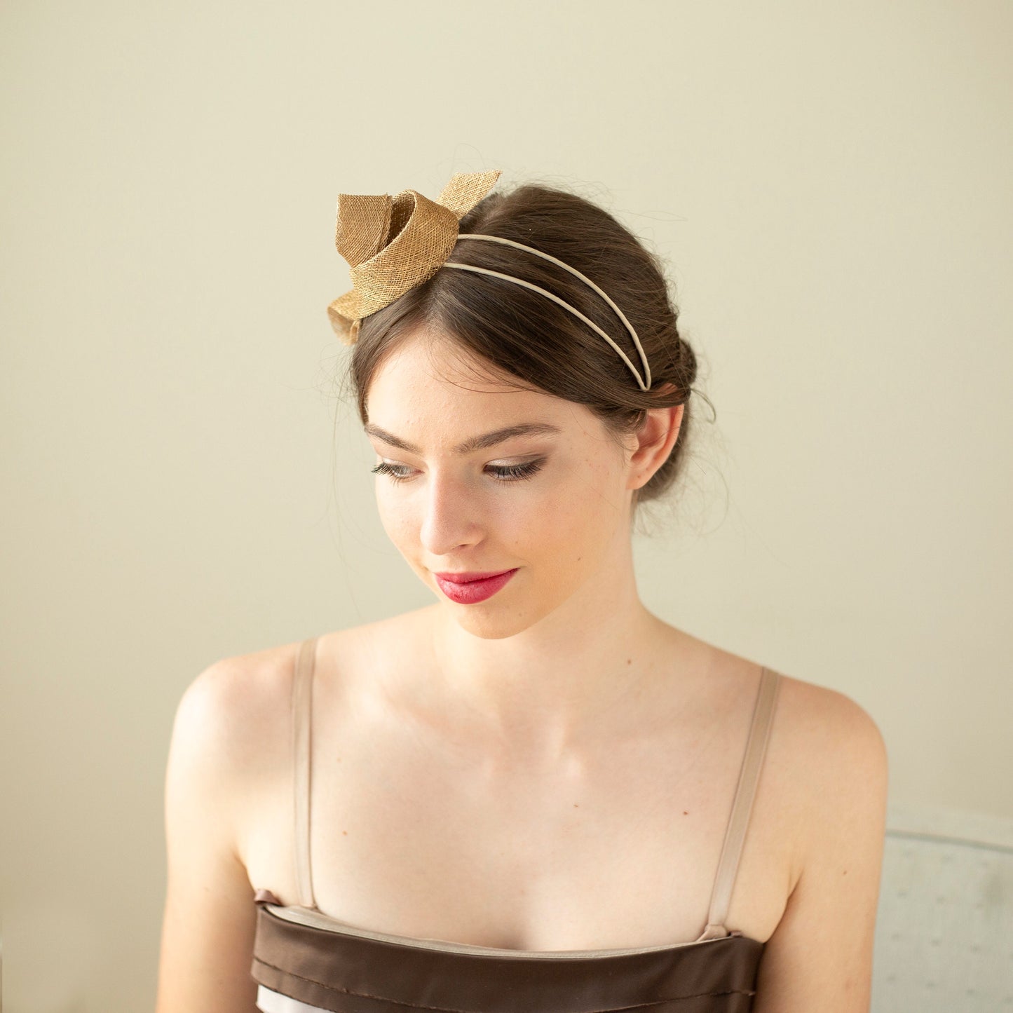 Gold bow fascinator on comfortable custom colour double headband, wedding party fascinator,  couture millinery headpiece on double headband