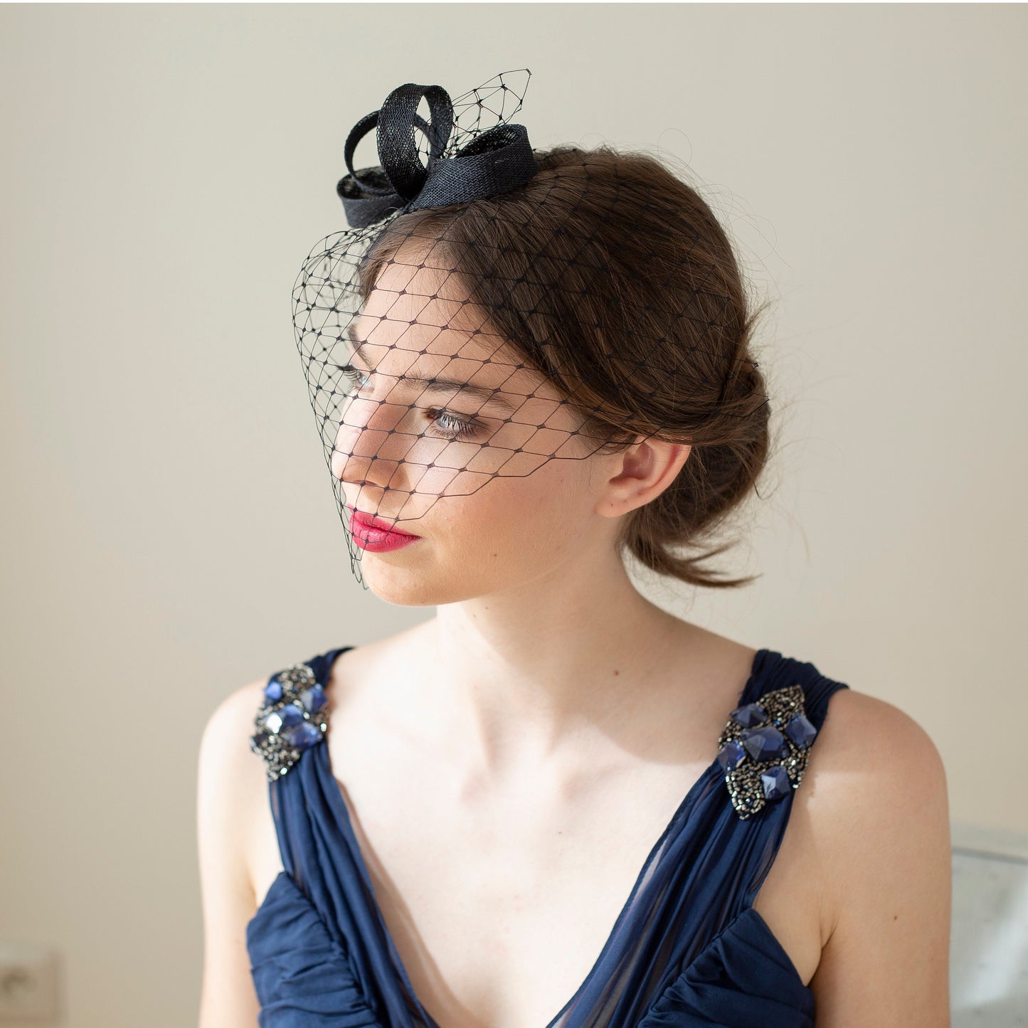 Modern black fascinator with birdcage veil, veiled fascinator in black, wedding guest headpiece in various colours