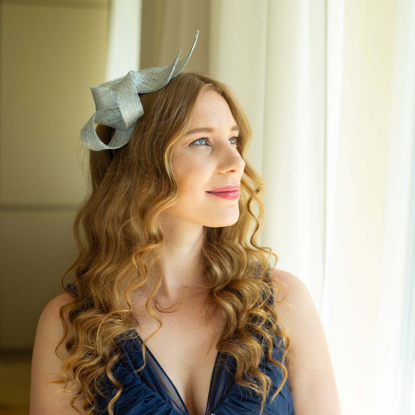 Metallic silver fascinator on double headband, wedding guest headpiece, women fascinator, millinery sculptural fascinator