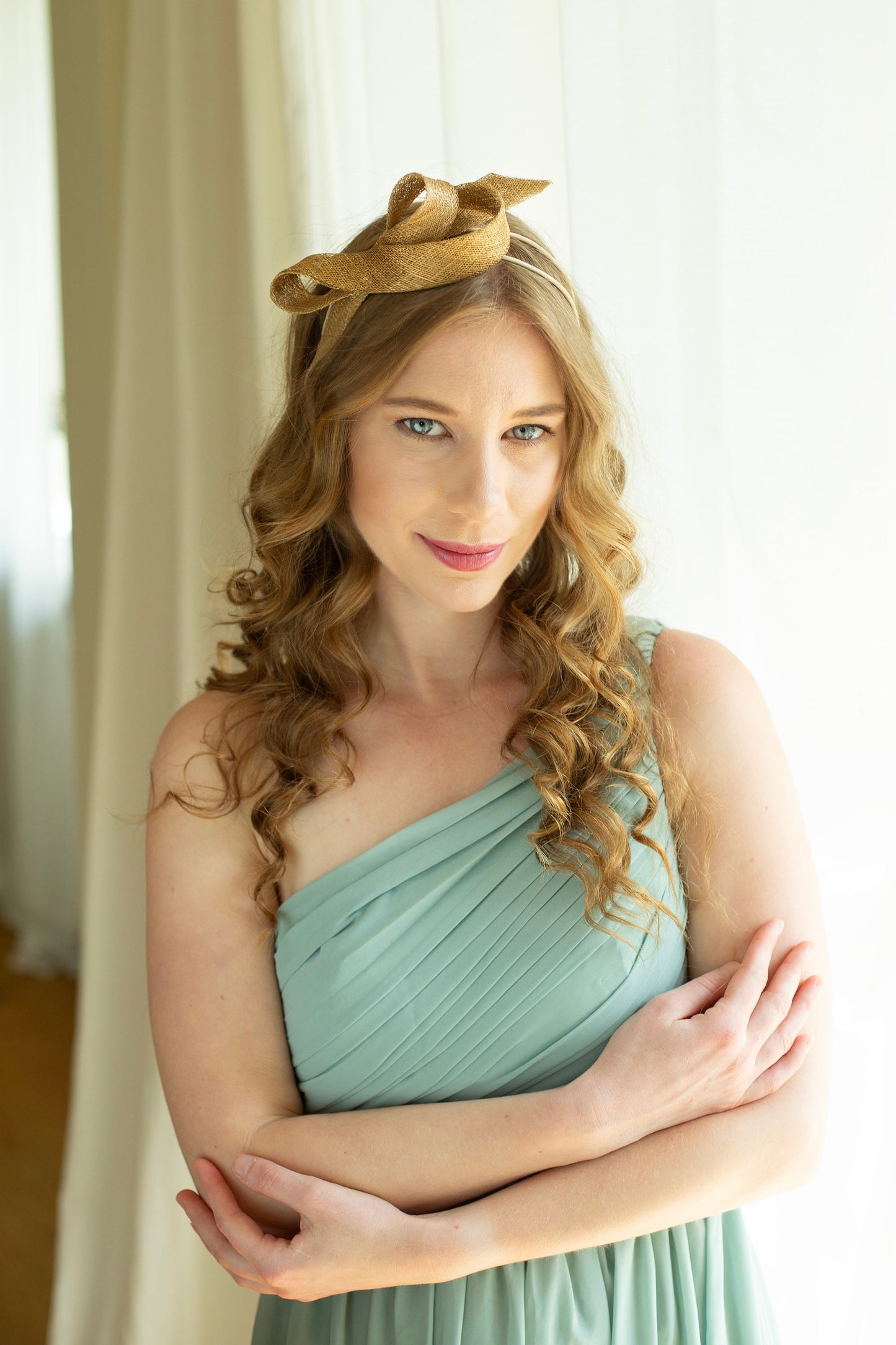 Metallic gold sinamay fascinator on a comfortable double headband, wedding guest fascinator, sculptural woman fascinator