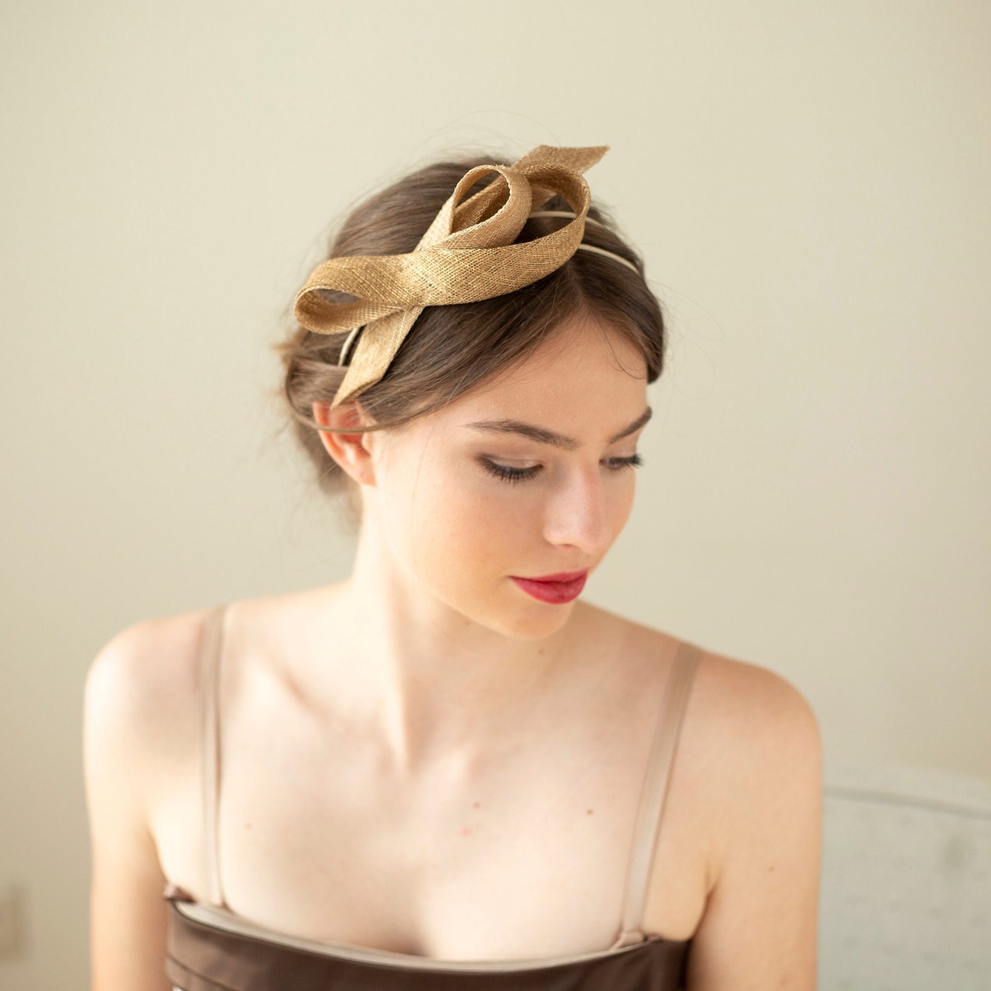 Gold bow fascinator on comfortable custom colour double headband, wedding party fascinator,  couture millinery headpiece on double headband