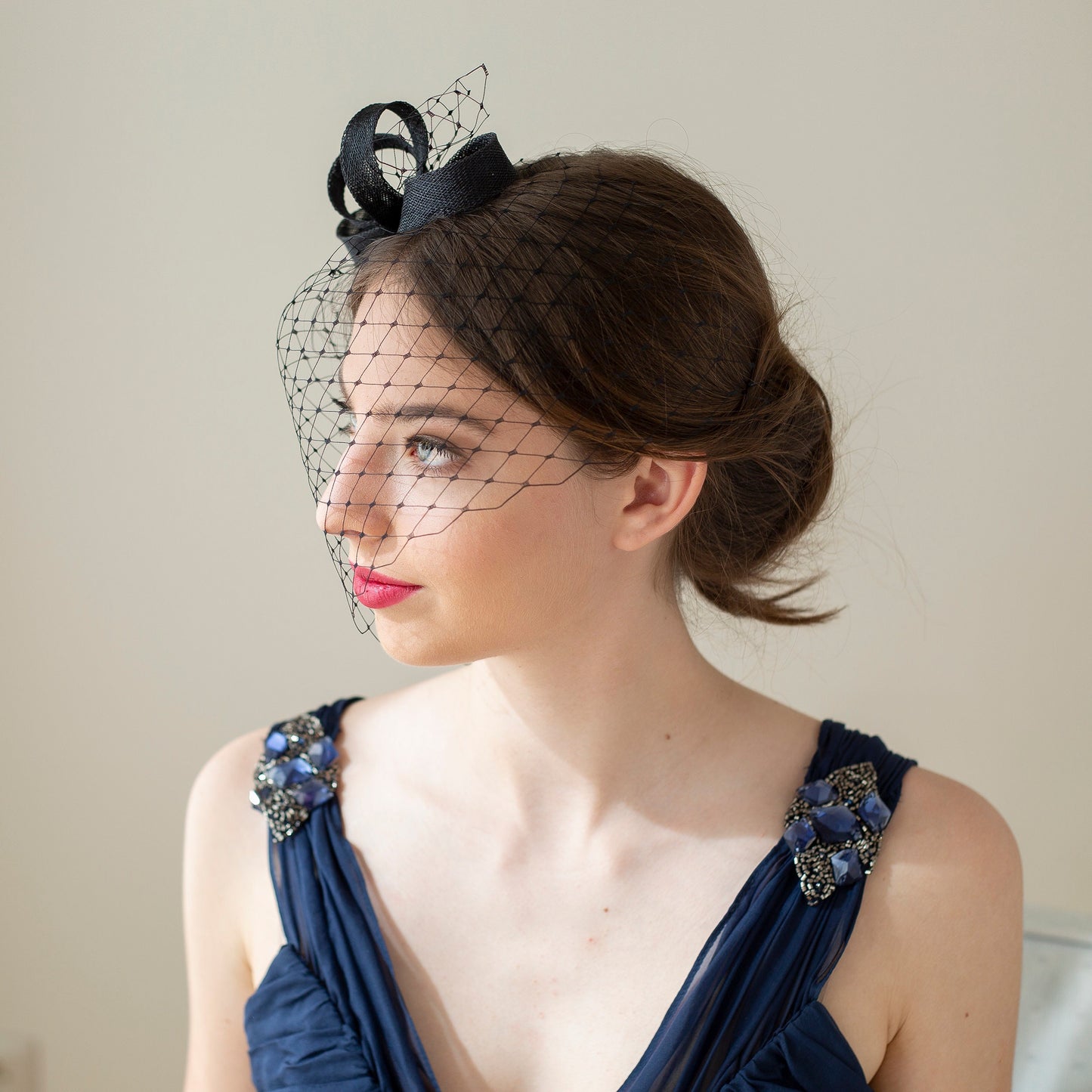 Modern black fascinator with birdcage veil, veiled fascinator in black, wedding guest headpiece in various colours