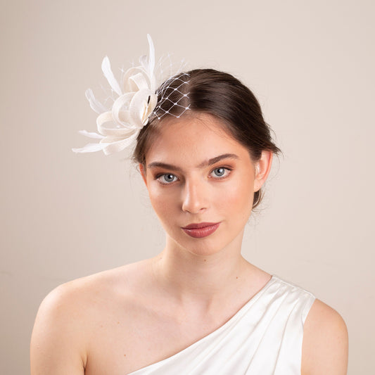 Brautfeder Fascinator mit Schleier, Hochzeitsfeder Haarschmuck mit Netz, eleganter Braut Feder Kopfschmuck