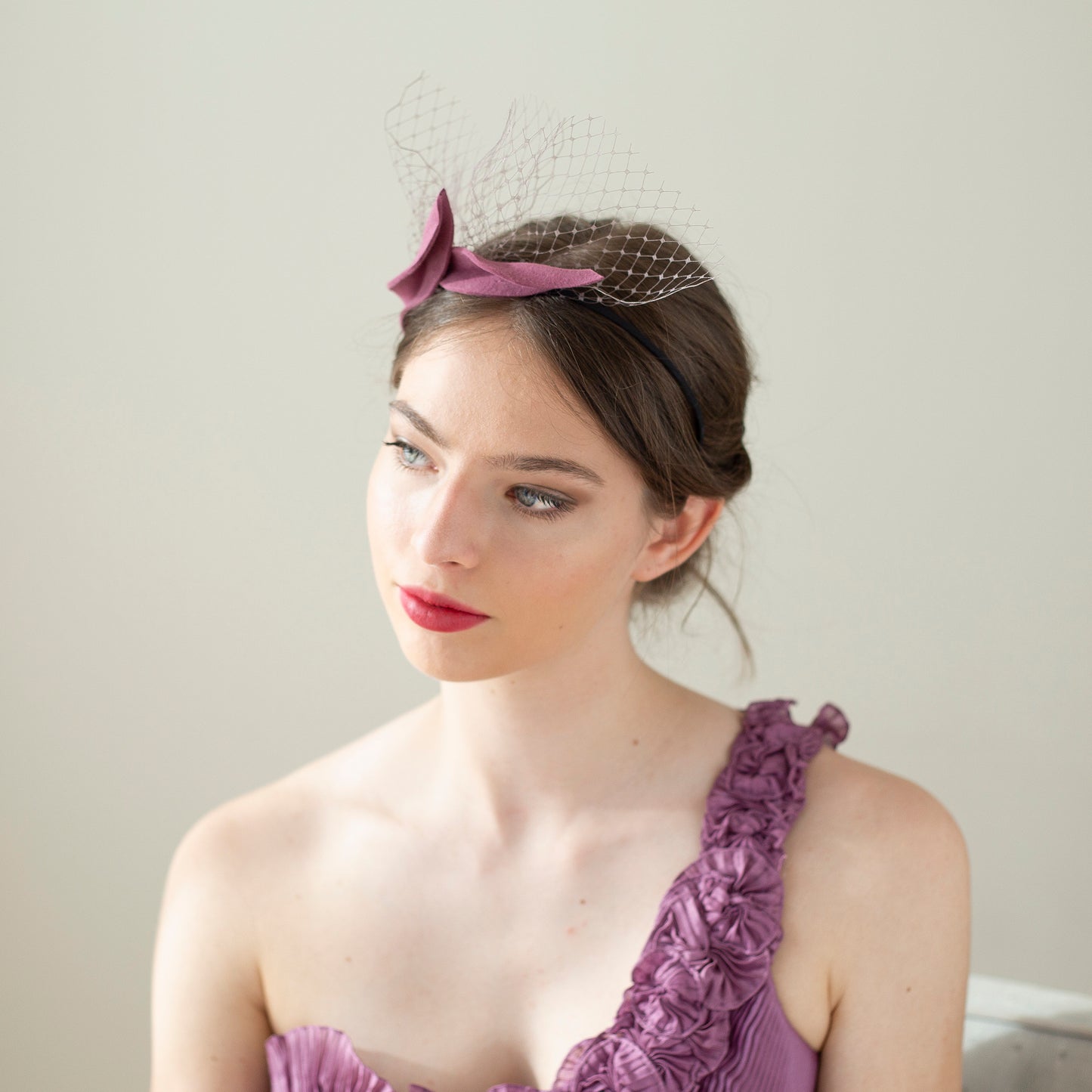 Felt leaves fascinator on headband, wedding guest headpiece in antique rose with taupe netting