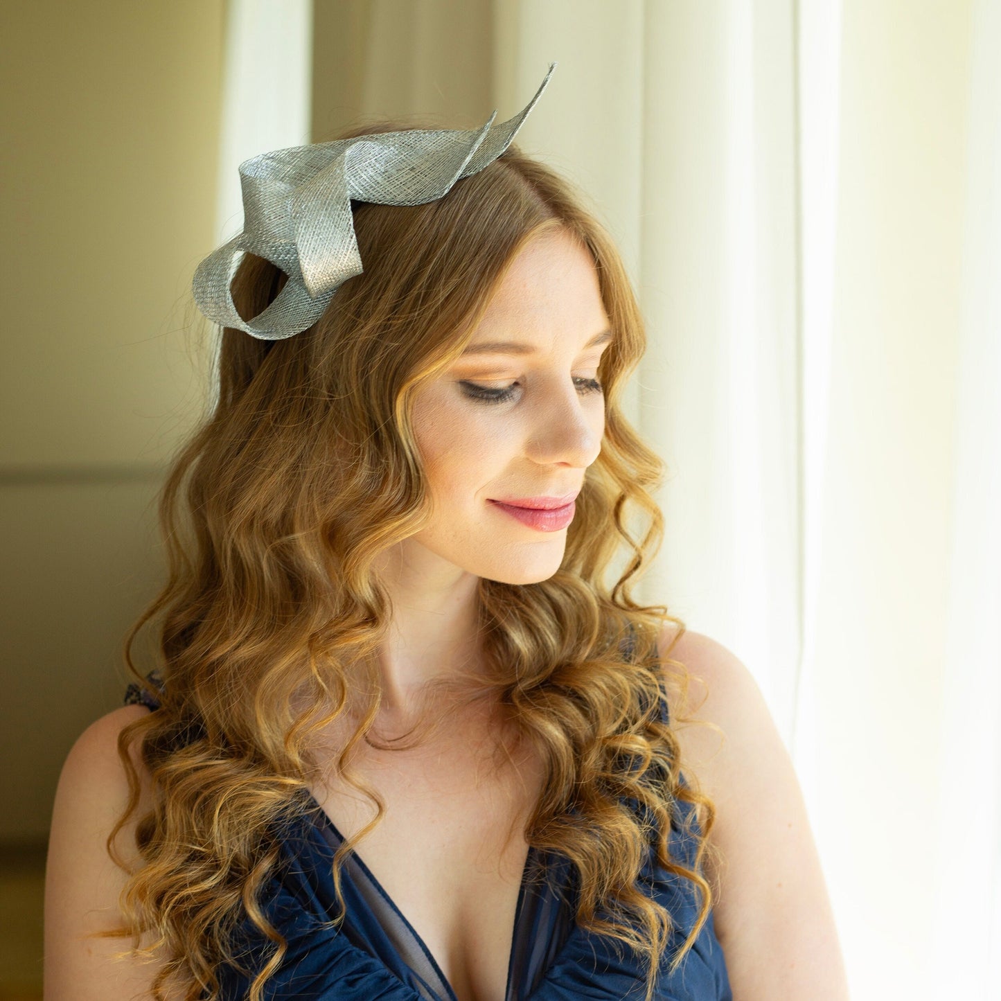 Metallic silver fascinator on double headband, wedding guest headpiece, women fascinator, millinery sculptural fascinator