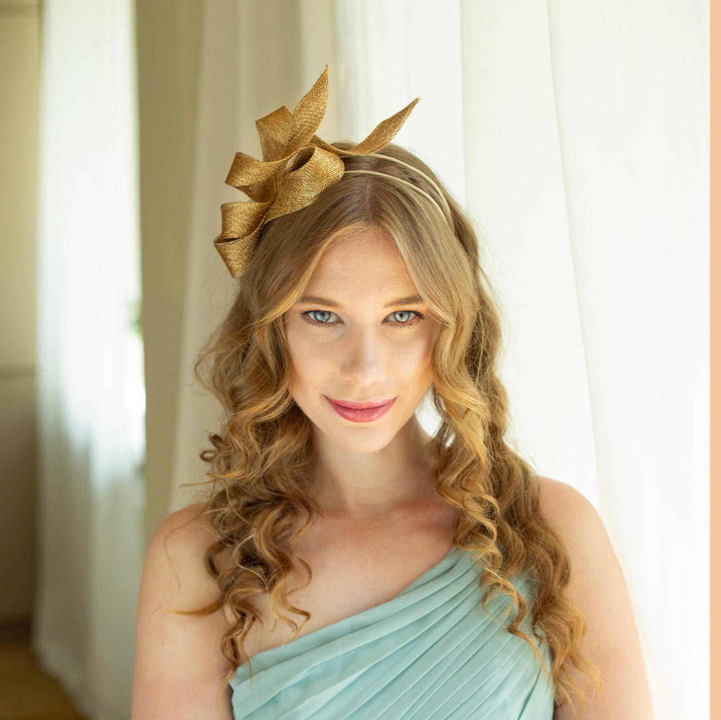 Gold party fascinator on headband, wedding guest fascinator, sculptural woman fascinator, couture millinery headpiece on double headband