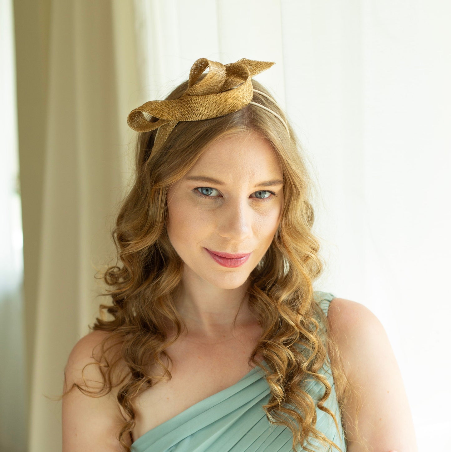 Metallic gold sinamay fascinator on a comfortable double headband, wedding guest fascinator, sculptural woman fascinator