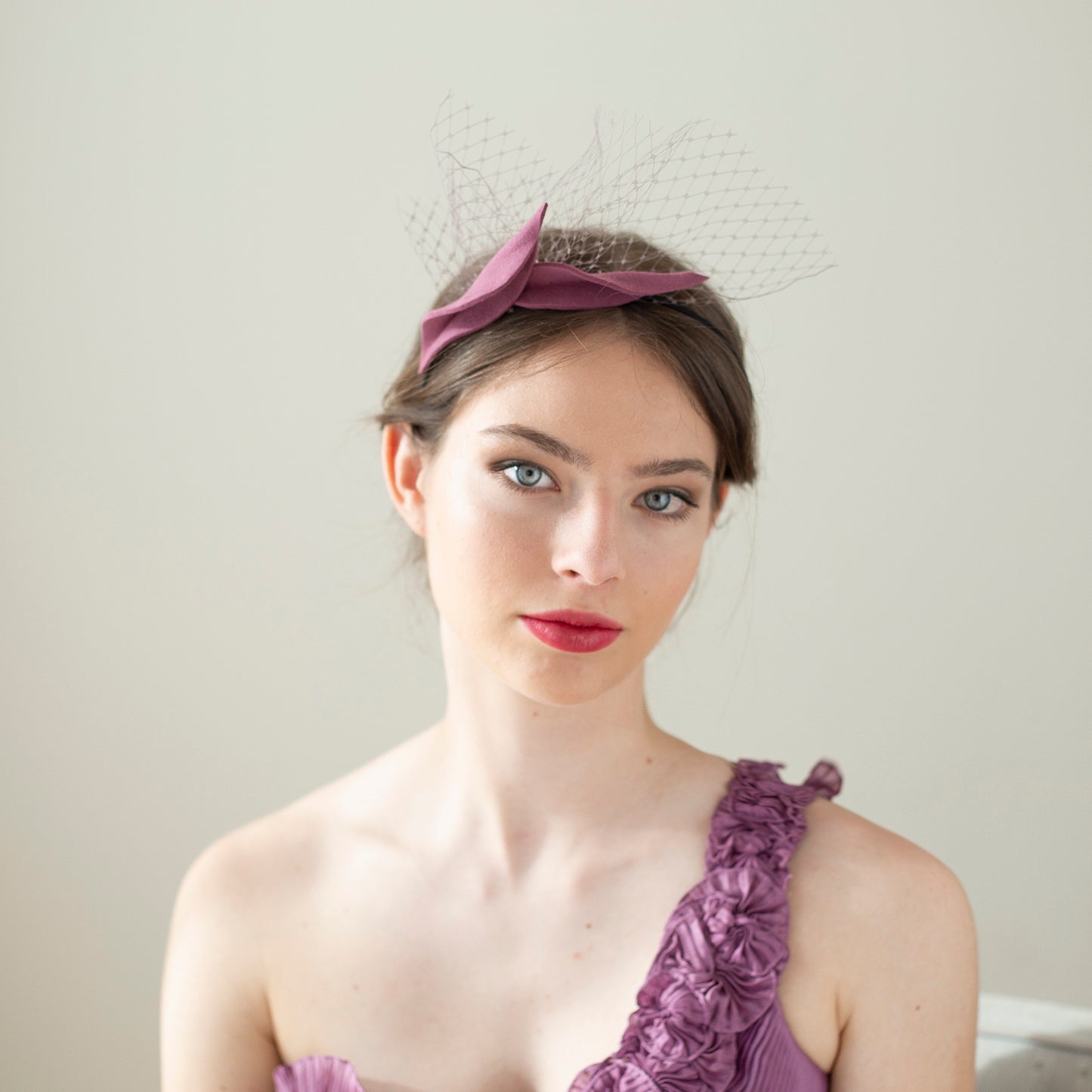 Felt leaves fascinator on headband, wedding guest headpiece in antique rose with taupe netting