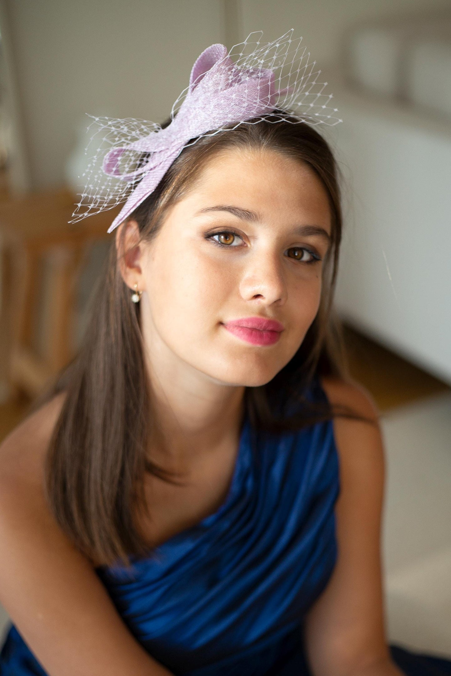 Lilac wedding guest fascinator with netting on comfortable handmade headband, pale lavender wedding guest headpiece, women bow fascinator