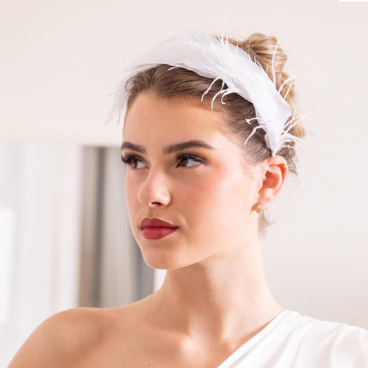 Bridal white feather crown headband, delicate wedding feather headpiece