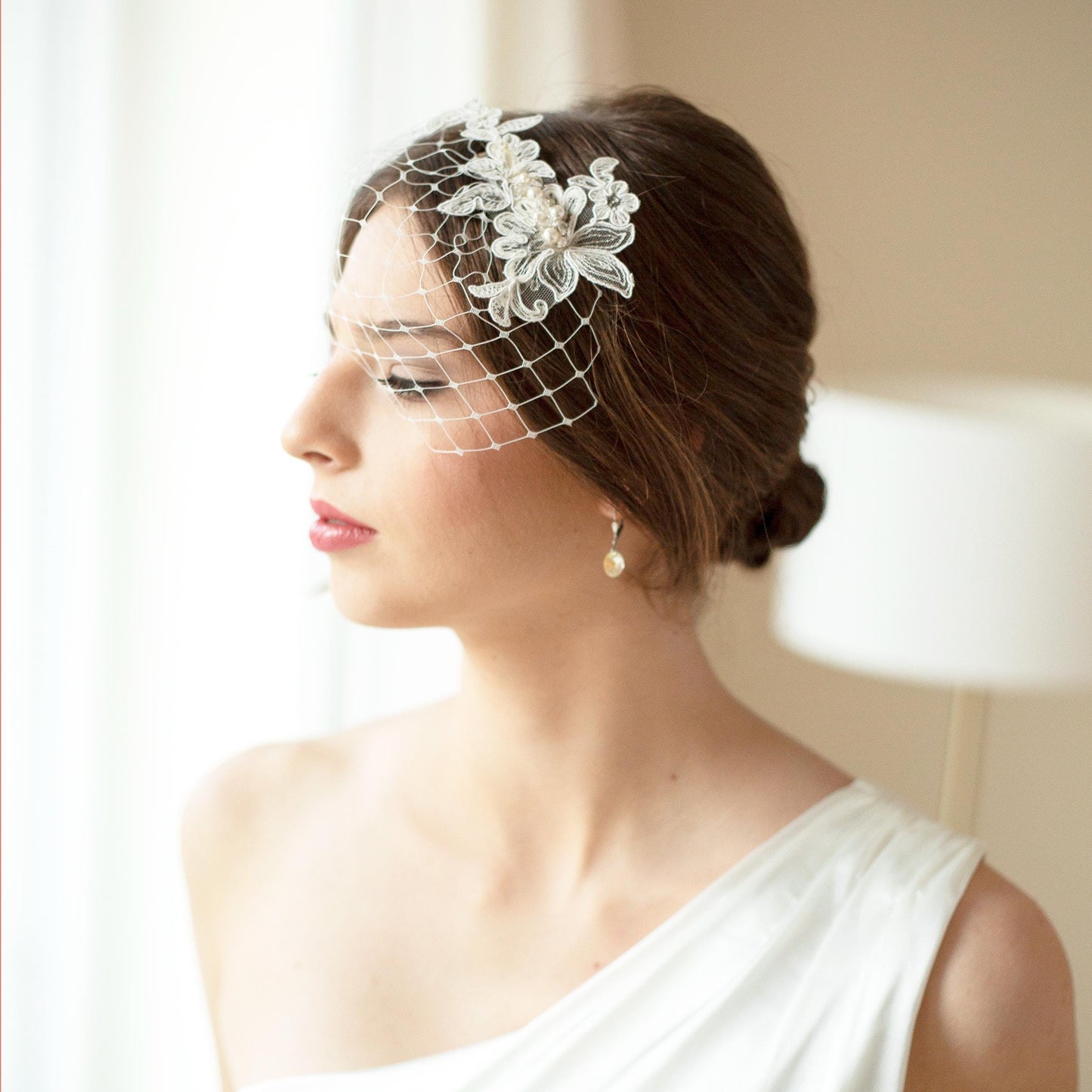 Pearls beaded lace headpiece on birdcage, wedding birdcage with ivory flowers lace Wedding birdcage veil with floral lace