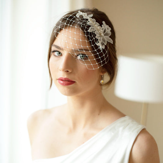 Pearls beaded lace headpiece on birdcage, wedding birdcage with ivory flowers lace Wedding birdcage veil with floral lace