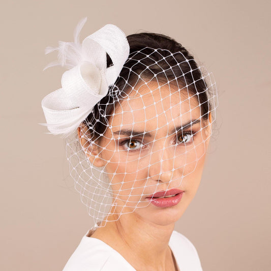 Feminine wedding birdcage with headpiece, white feathers fascinator, formal headpiece for bride, elegant wedding hair accessory