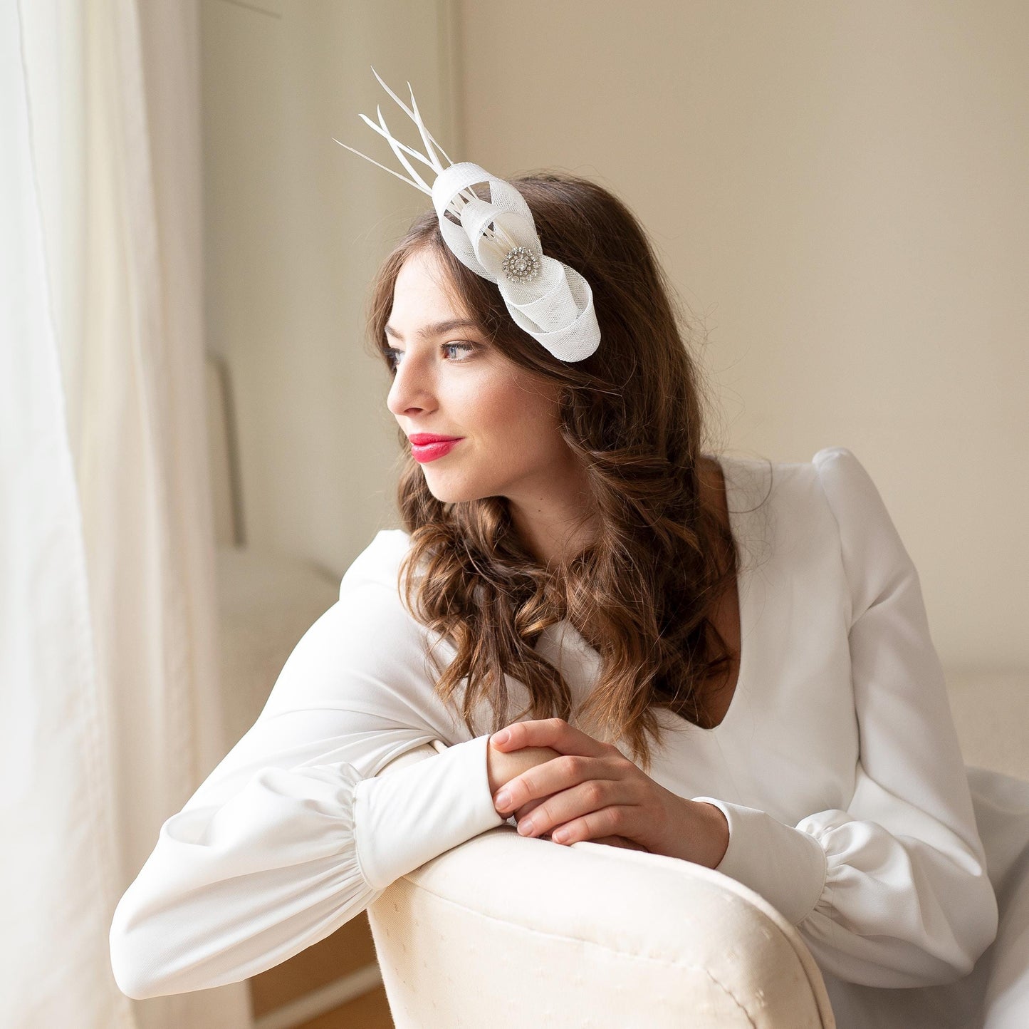 Elegant wedding headpiece with rhinestone center, women fascinator with rhinestone for wedding guests in custom colours