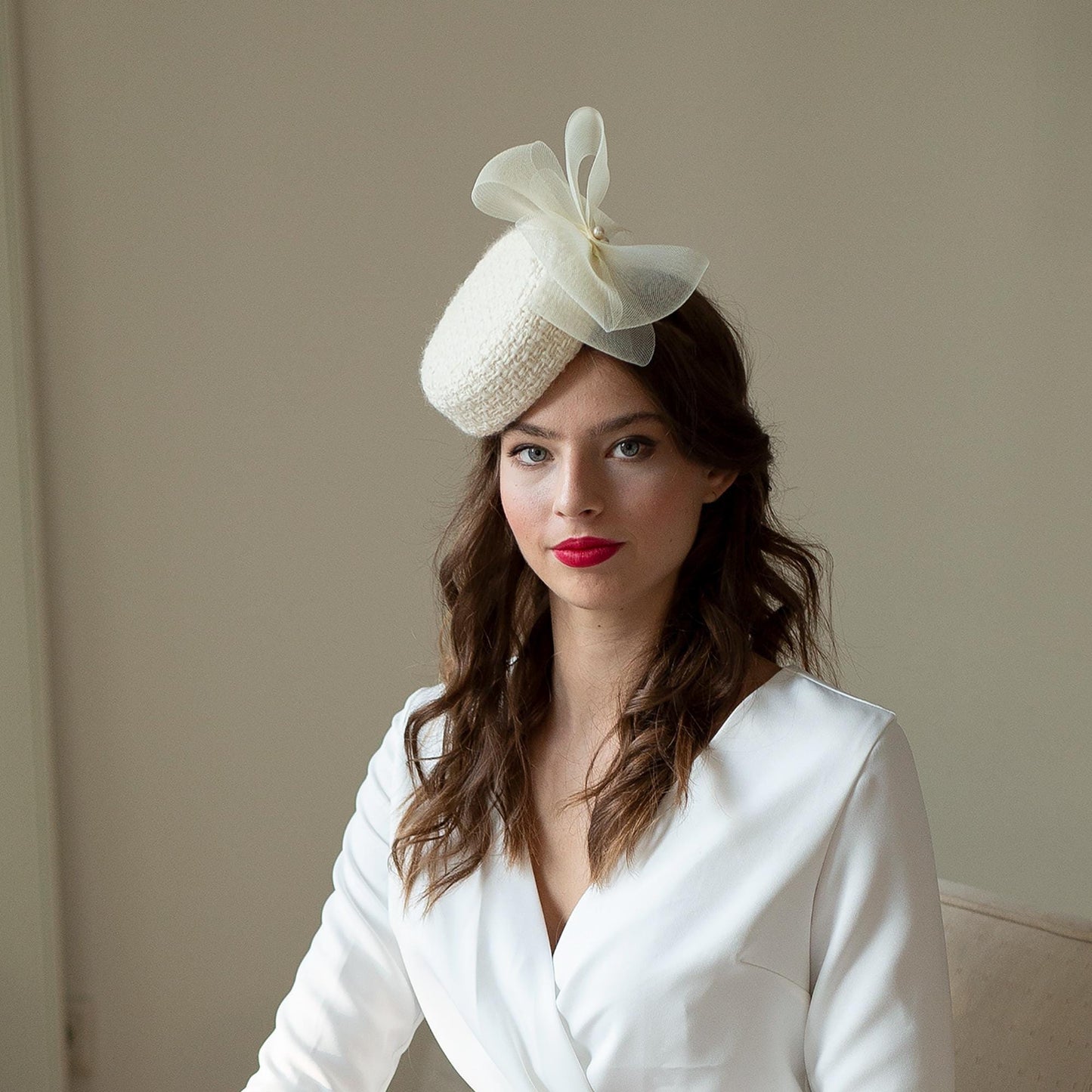 Bridal Wool Tweed Pillbox with Flower and Pearls, City Hall Winter Wedding Hat, Civil Ceremony Hat,  Bridal Millinery Wool Hat