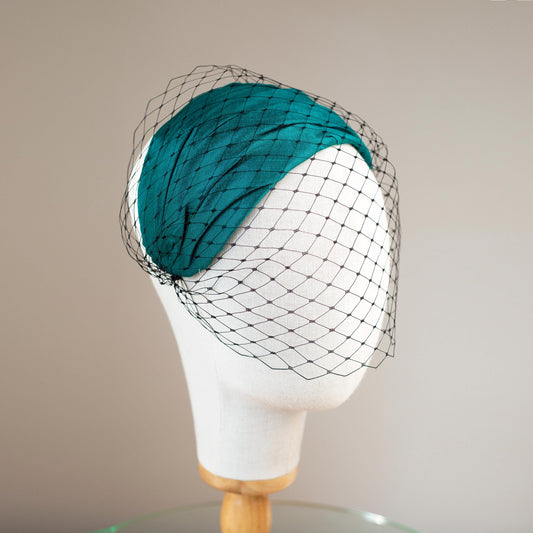 Dark green Silk Cap Headpiece, Draped Calot half hat Old Hollywood inspired Juliet cap style silk hat, 1950s Half Hat Style with Birdcage