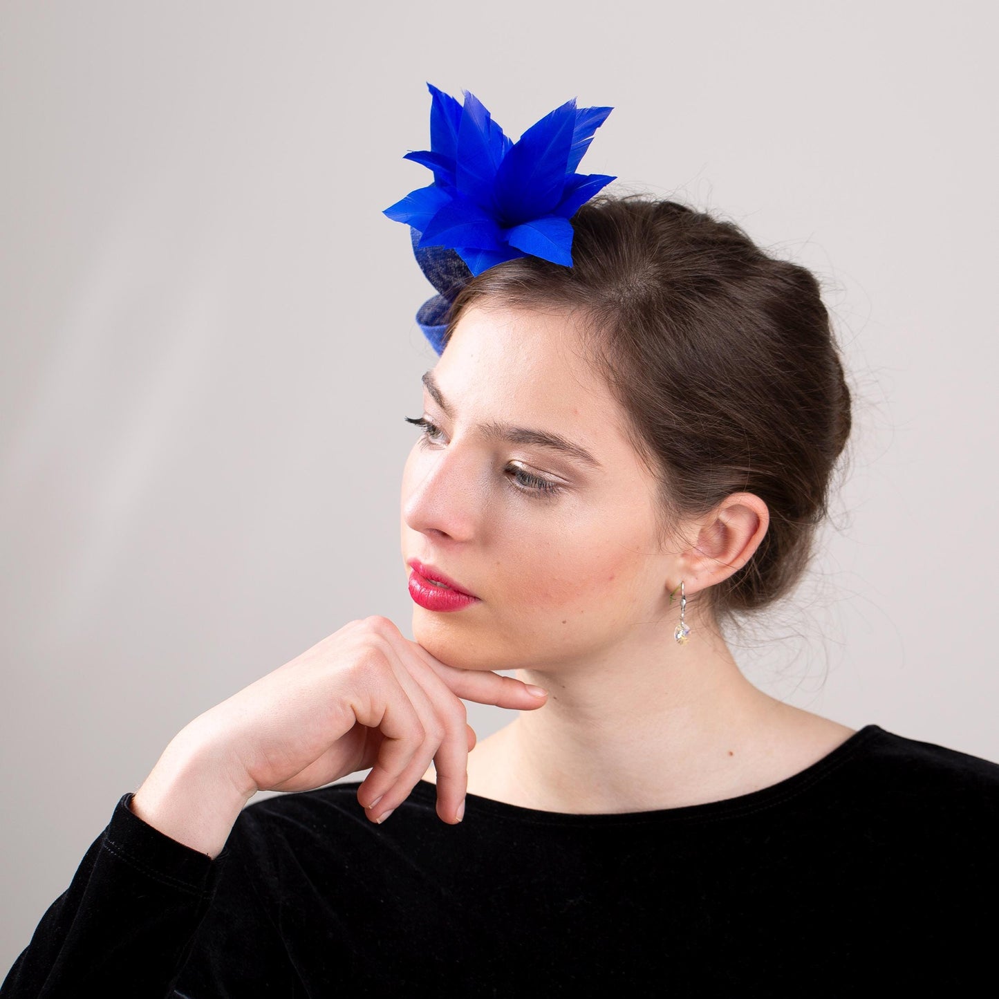 Bright blue fascinator with spray of feathers, formal event or party headpiece, understated women fascinator, headpiece for an elegant mum