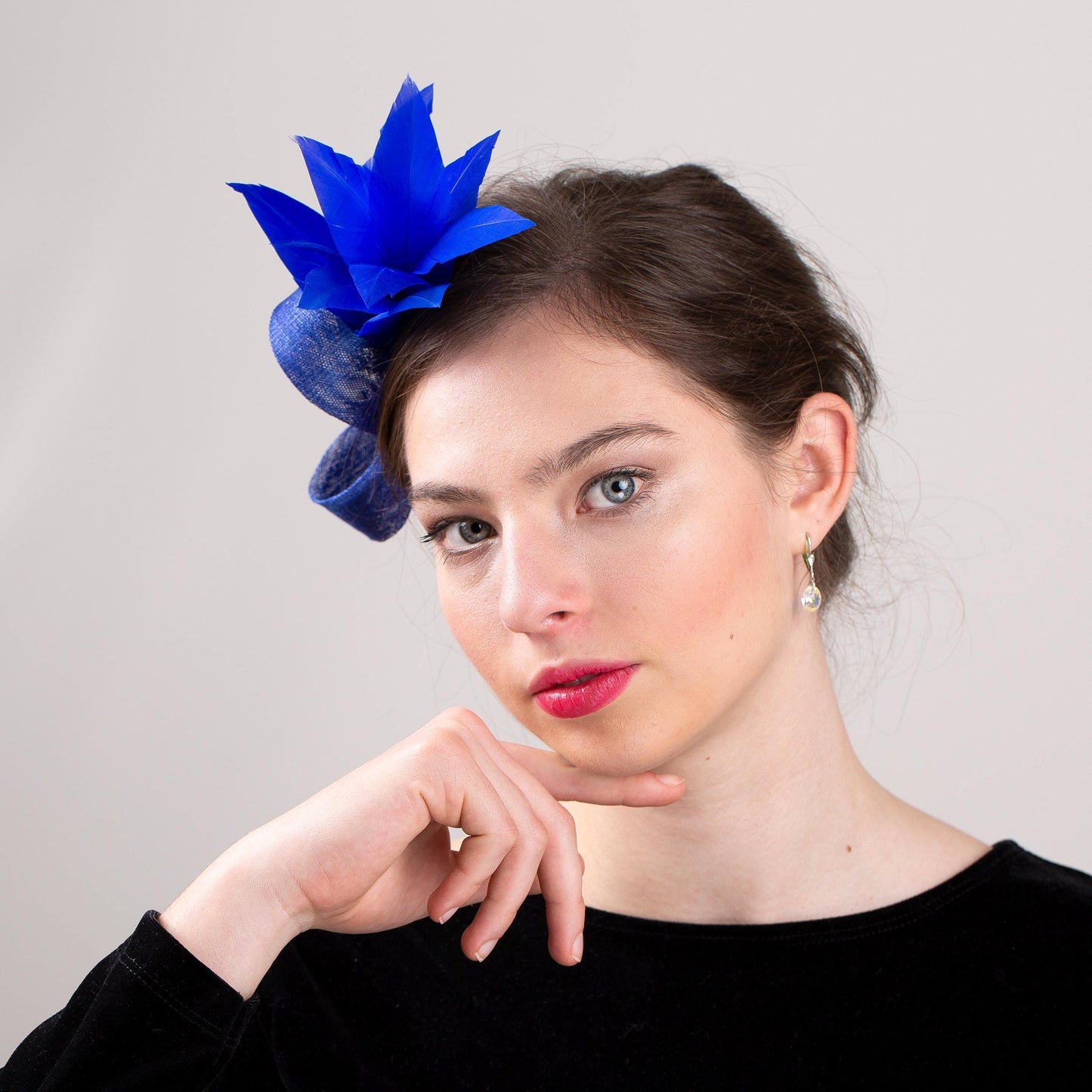 Bright blue fascinator with spray of feathers, formal event or party headpiece, understated women fascinator, headpiece for an elegant mum