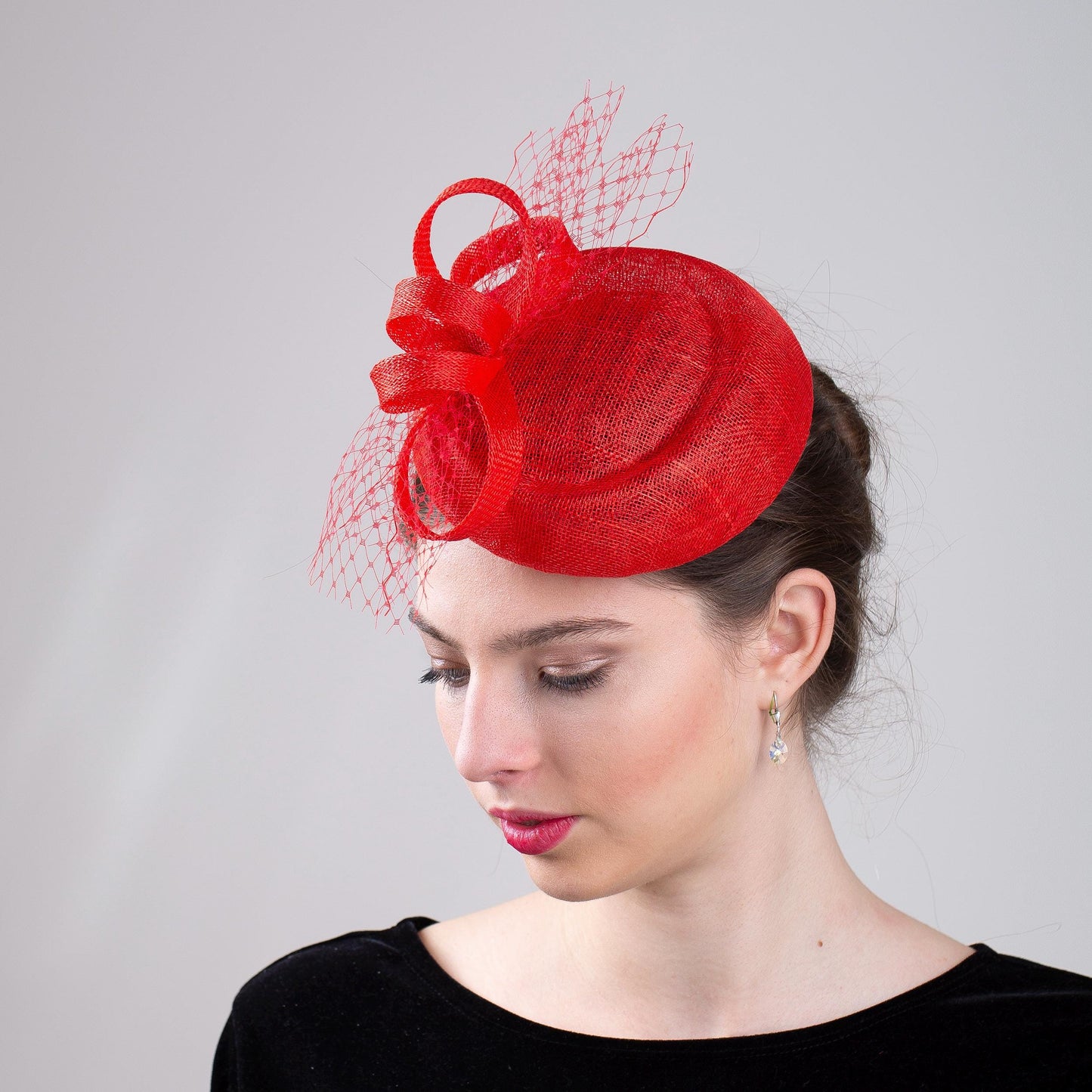 Red pillbox hat with netting trimming, bright red wedding hat for mother of bride or groom, Elegant Cocktail Hat, special occasion hat