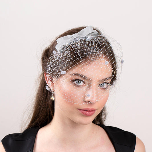 Light grey bow birdcage veil with dots, party bow wedding veil headpiece, grey birdcage veil, wedding veil, bridesmaid dotted grey veil