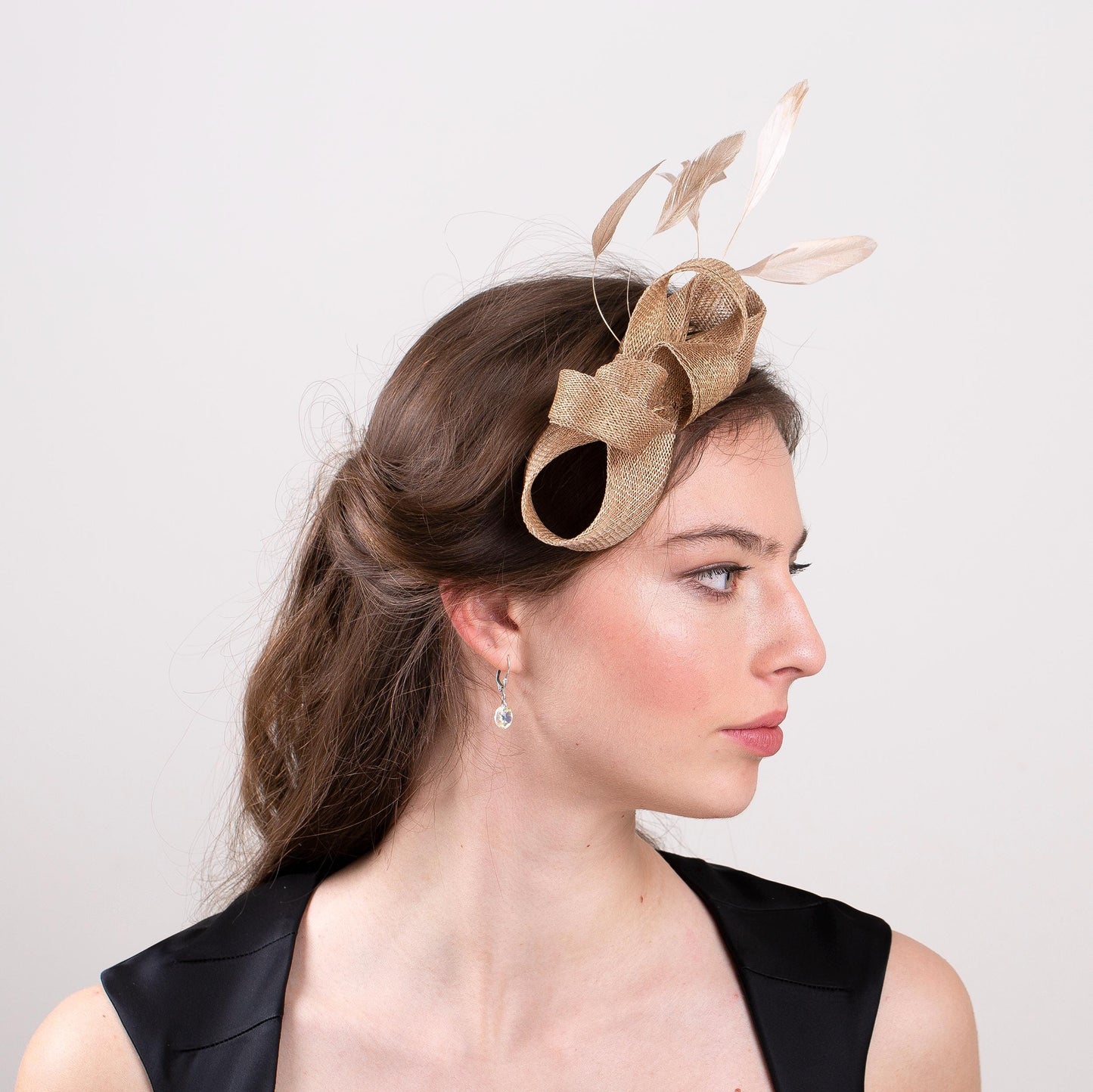 Gold bow fascinator with feathers wedding millinery fascinator, minimalist woman fascinator in metallic gold, couture millinery headpiece