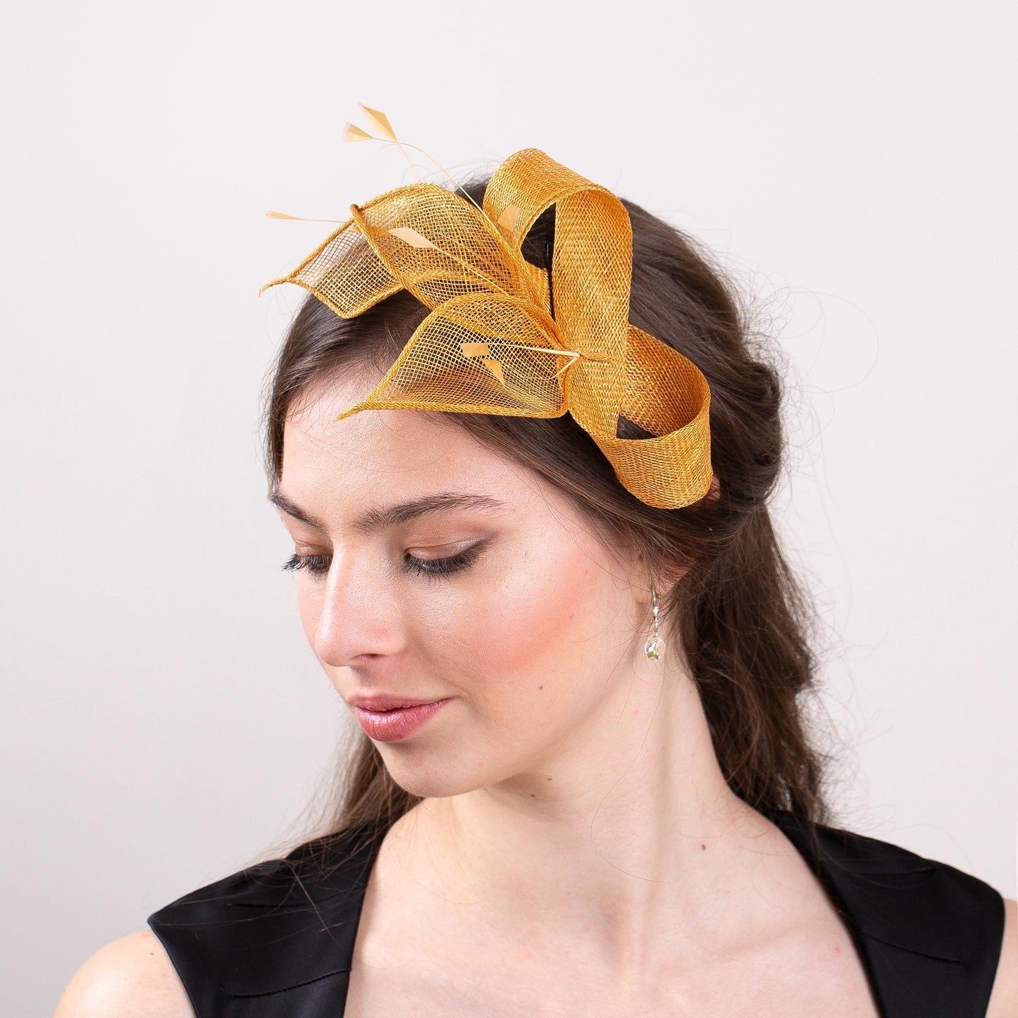 Marigold fascinator with leaves and feathers, wedding party elegant headpiece in ochre gold, feminine formal headpiece gold shadow