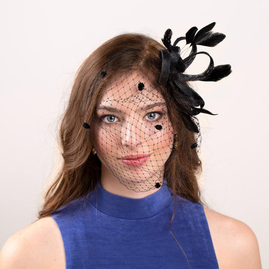 Eleganter schwarzer Fascinator mit Vogelkäfig, moderner Fascinator und Schleier für Hochzeitsgäste, schwarzer Schleier-Kopfschmuck für Brautjungfern, eleganter Fascinator für Damen