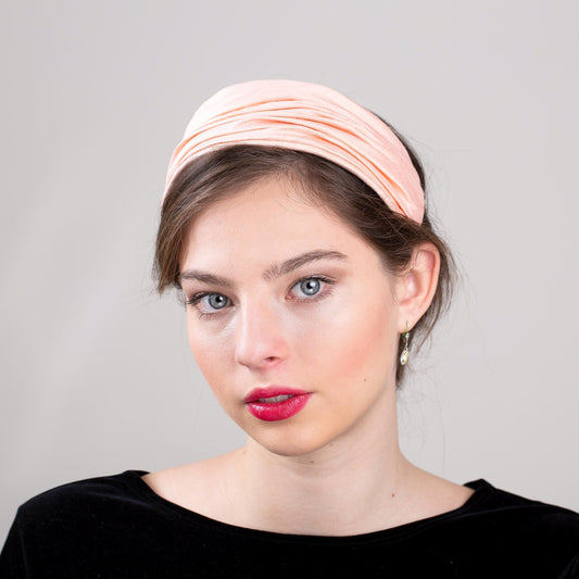 Draped Silk Headband in salmon pink, Silk Dupion Millinery Headpiece, Vintage Style Ruched Wide Headband in salmon colour