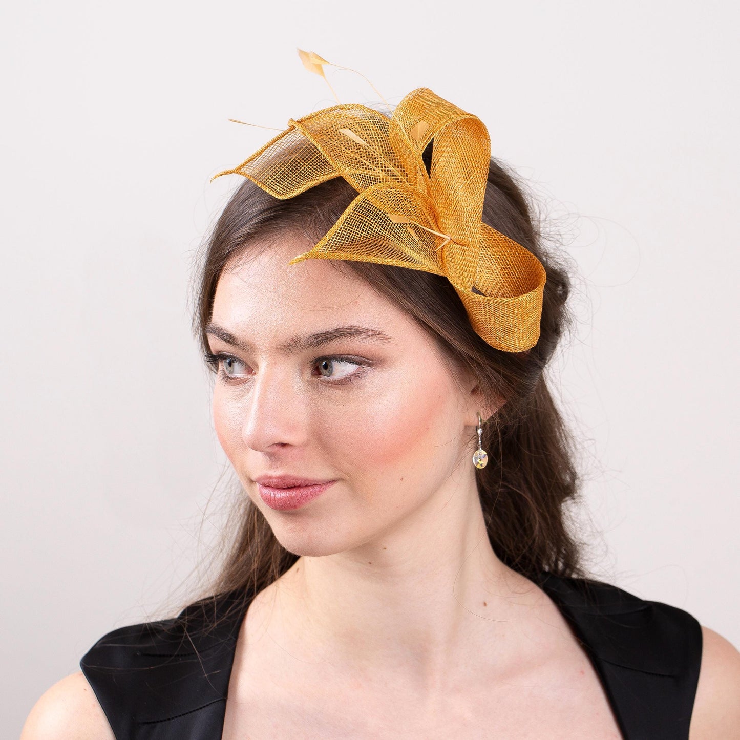 Marigold fascinator with leaves and feathers, wedding party elegant headpiece in ochre gold, feminine formal headpiece gold shadow