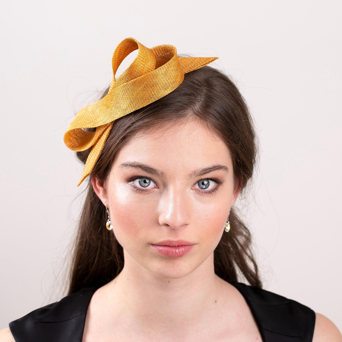 Marigold bow fascinator on comfortable headband, elegant party headpiece in ochre gold, feminine formal headpiece gold shadow